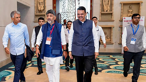 Karnataka CM DK Shivakumar and his Maharashtra counterpart Devendra Fadnavis arrive to attend the GST Council meeting in New Delhi on Thursday. Bengaluru Development Minister Krishna Byre Gowda was also present.