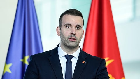 Montenegro's Prime Minister Milojko Spajic speaks during a joint press conference with an Chancellor Olaf Scholz in the chancellory in Berlin, Monday, April 29, 2024. 