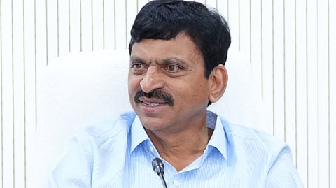 Revenue Minister Ponguleti takes part in a review meeting at Secretariat in Hyderabad.