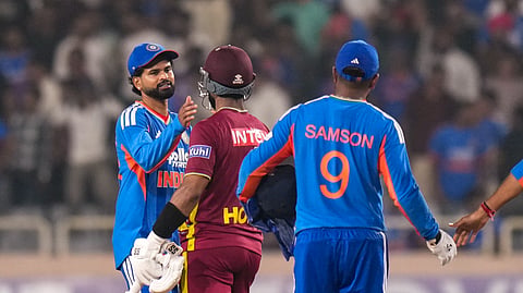 West Indies' captain Shai Hope shakes hands with India's Shreyas Iyer after winning the second T20I cricket match of a series between India and West Indies, in Ranchi, Jharkhand, Friday, Oct. 9, 2026. 