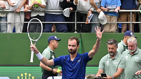 Russia’s Daniil Medvedev celebrates his victory against Germany’s Jan-Lennard Struff in their men's singles match at the Shanghai Masters tennis tournament in Shanghai on October 10, 2026.