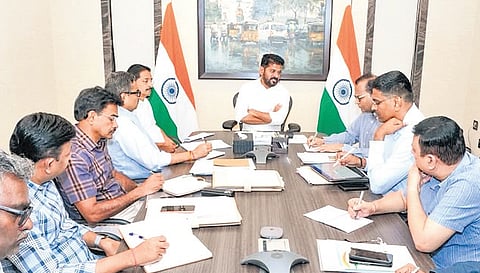 Chief Minister A Revanth Reddy chairs a review meet in Hyderabad on Saturday.