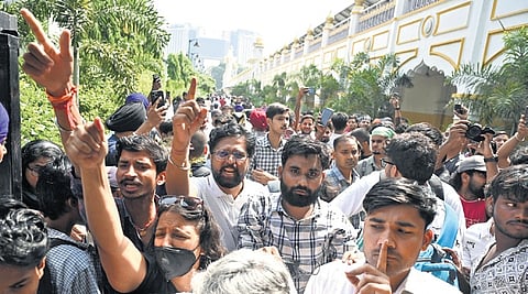 Protesters raise slogans inside Bangla Sahib Gurdwara on Saturday.