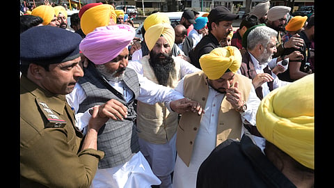 Chandigarh Police arrested Punjab Finance minister Punjab Harpal Cheema and others during AAP protest march towards the Punjab BJP office on Monday. 