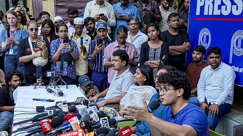 Cockroach Janta Party (CJP) leaders Saurav Das and Ashutosh Ranka, with others, address a press conference following their release from preventive detention by an executive magistrate court, at the Press Club of India, in New Delhi, Sunday, Oct. 11, 2026. 