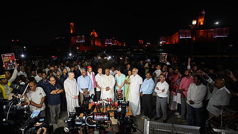 INDIA Bloc MPs and leaders address the media after meeting President Droupadi Murmu at Vijay Chowk, in New Delhi, on Friday, Oct. 09, 2026.