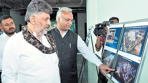 CM DK Shivakumar with Home Minister Priyank Kharge at the Central Command Centre and Integrated Police Bhavan on Saturday.