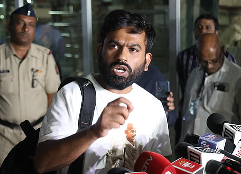  Cockroach Janta Party (CJP) founder Abhijeet Dipke speaks to the media at Dr BR Ambedkar International Airport, Nagpur, after being released from the custody of Delhi Police, in Nagpur on Sunday.