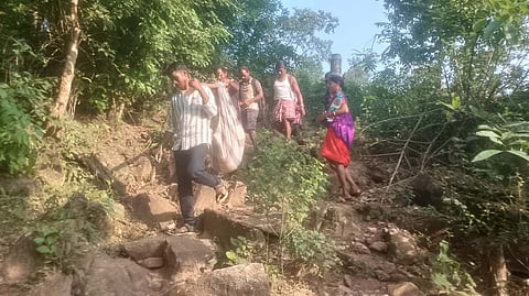 The family members of the woman carried her in a doli through rugged terrain to the nearest motorable road Mettapalem junction.