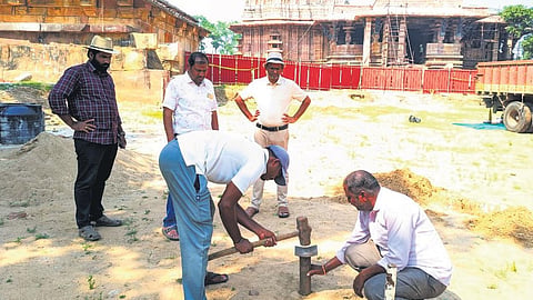 Officials from the Archaeological Survey of India (ASI), Hyderabad circle, conduct geotechnical investigations at Kameswaralayam, located within the Ramappa Temple complex at Palampet village in Venkatapur mandal of Mulugu district.