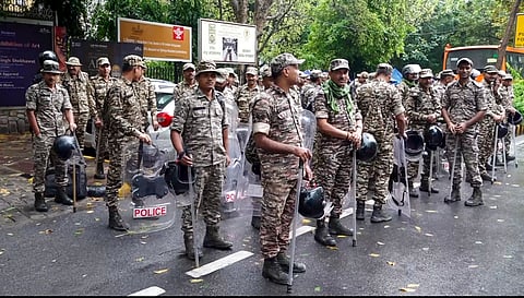 New Delhi: Security heightened ahead of the Opposition's Supreme Court march, in Mandi House area, New Delhi, Monday, Oct. 12, 2026.