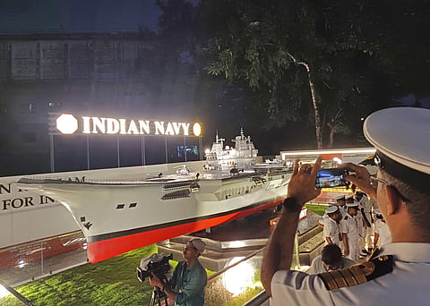 A replica of the aircraft carrier INS Vikrant, installed by the Indian Navy at Museum Junction in Thiruvananthapuram