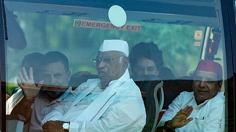 ongress President Mallikarjun Kharge, party leaders Rahul Gandhi, Priyanka Gandhi Vadra, Samajwadi Party leader Dharmendra Yadav and others in a bus proceed towards Supreme Court, to file a petition against Chief Election Commissioner Gyanesh Kumar and 'vote chori', during a protest march by INDIA bloc leaders, at Constitution Club of India, in New Delhi, Monday, Oct. 12, 2026