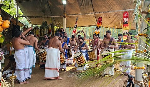 Artists performing chenda melam during the 24-hour ‘Desappana’ in Edappal, Malappuram, on Sunday 