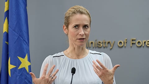 European Union foreign policy chief Kaja Kallas speaks during a joint news conference with Lebanese Foreign Minister Youssef Rajji in Beirut, Lebanon, Thursday, Oct. 8, 2026.