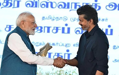 Prime Minister Narendra Modi and Chief Minister C. Joseph Vijay at the function held on the IIT-Madras campus in Chennai on Sunday. 
