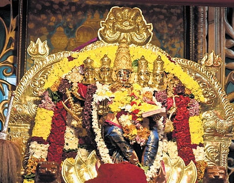 Goddess Kanaka Durga in Sri Gayatri Devi Alankaram on Day 2 of Dasara festivities atop the Indrakeeladri Hill in Vijayawada 
