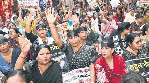 Members of the BJP’s women’s wing during the protest on Monday.