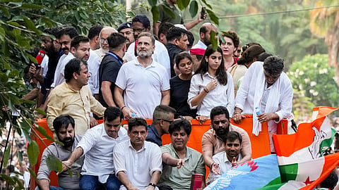 INDIA bloc leaders proceed in a bus towards the Supreme Court to file a petition against Special Intensive Revision (SIR) of electoral rolls and alleged poll irregularities during 'March for Democracy', in New Delhi, Monday, Oct. 12, 2026.