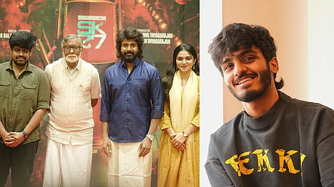 Director Ramkumar Balakrishnan, producer TG Thyagarajan, Sivakarthikeyan, and Kayadu Lohar (L) and Sai Abhyankkar (R)
