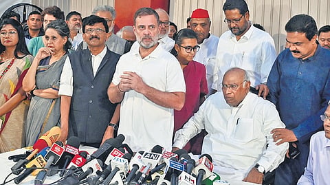 LoP Rahul Gandhi, Mallikarjun Kharge, and other INDIA leaders address a joint press meet.
