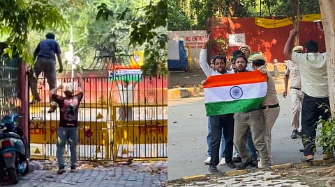 Delhi Police detain CJP leader Ashutosh Ranka (R) and others as they attempt to enter Jantar Mantar (L) in Delhi on Tuesday, Oct. 13, 2026.