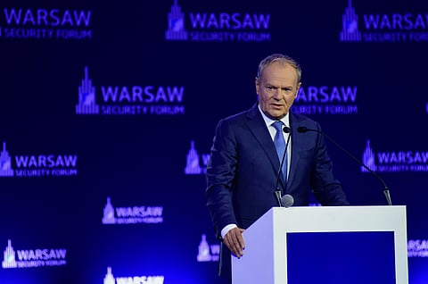Polish Prime Minister Donald Tusk speaks at the Warsaw Security Forum in Warsaw, Poland, Monday, Oct. 12, 2026.