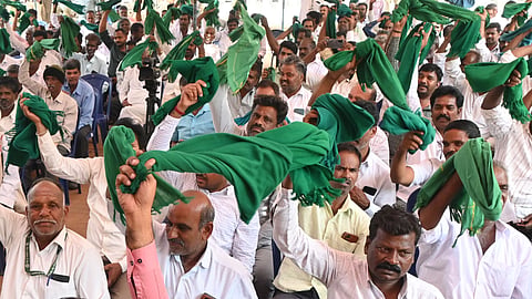 Famers demand Rs 800 rise per ton on Sugarcane in Karnataka as in the neighbouring Tamil Nadu state and other various demands during their protest at Freedom Park in Bengaluru on Monday.