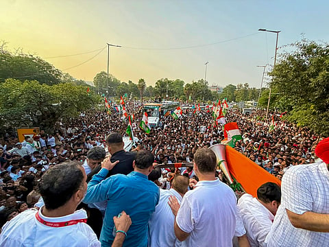 In this image received on Oct. 12, 2026, Congress leader Rahul Gandhi and others during 'March for Democracy' by INDIA bloc leaders towards the Supreme Court, to file a petition against Chief Election Commissioner Gyanesh Kumar and 'vote chori', at Barakhamba Road, in New Delhi.