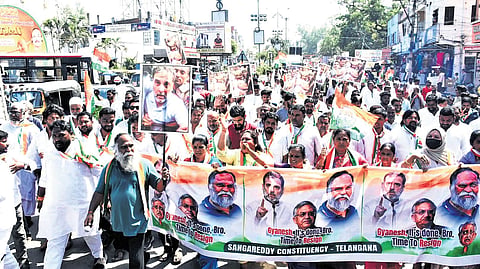 TPCC working president T Jayaprakash Reddy carries a portrait of the Leader of the Opposition in the Lok Sabha Rahul Gandhi as he leads a rally in Sangareddy on Monday.