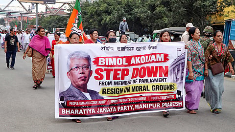 In this photo from Oct. 10, 2026, BJP workers stage a rally in Imphal demanding the resignation of Congress MP Angomcha Bimol Akoijam from the Lok Sabha on moral grounds following his dismissal from Jawaharlal Nehru University (JNU) in connection with alleged sexual harassment complaints.