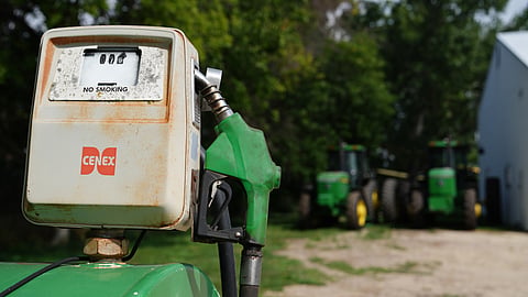  A diesel fuel tank is seen on a corn and soybean farm, Aug. 26, 2026, in Northfield, Minn. 