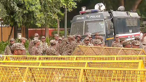 Heavy security deployed near Jantar Mantar as part of a precautionary measure, in New Delhi on Sunday, Oct. 11, 2026.