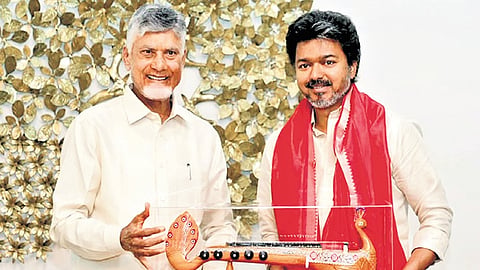 AP CM N Chandrababu Naidu presents a memento to CM 
C Joseph Vijay during the latter’s visit to the state 
