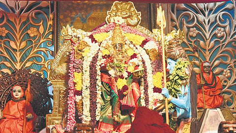 Day 3 of Dasara festivities at Kanaka Durga temple where the goddess in Sri Annapurna Devi avatar atop Indrakeladri Hill in Vijayawada on Tuesday.