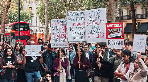 Indian diaspora groups protest outside the Indian High Commission in London on Tuesday, Oct 13, 2026.