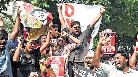SFI and DYFI activists protest in Delhi on Wednesday.