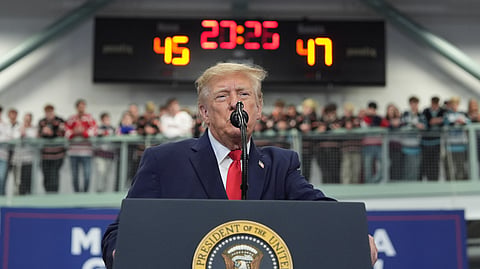 US President Donald Trump speaks at a campaign rally at the Curtis D. Menard Memorial Sports Center, Tuesday, Oct. 13, 2026, in Wasilla, Alaska.