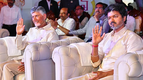 Tamilnadu CM C Joseph Vijay and AP CM Nara Chandrababu Naidu at the Vijayawada Utsav on Tuesday; Artists perform at the Vijayawada Utsav on Tuesday.