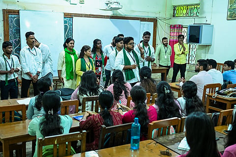 Student Council Election candidates campaigning for votes inside classrooms at Utkal University campus in Bhubaneswar on Monday. 