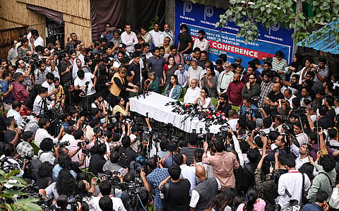 Delhi University All India Students' Association (AISA) Secretary Anjali address a press conference at the Press Club, in New Delhi on Thursday. Cockroach Janta Party (CJP) Founder Abhijeet Dipke, AISA National President Neha Bora, Actor Prakash Raj and Supreme Court advocate Prashant Bhushan also present.