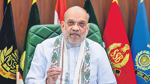 Union Home Minister Amit Shah virtually addresses a ceremony on Naxal-hit people on Thursday.