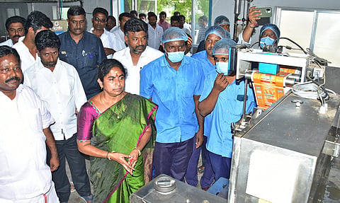 Minister for Milk & Dairy Development C Vijayalakshmi at Aavin’s Kottapattu plant on Thursday