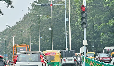 Traffic light system and surveillance cameras that have been installed as part of the Smart City project at Vazhuthacaud Junction.