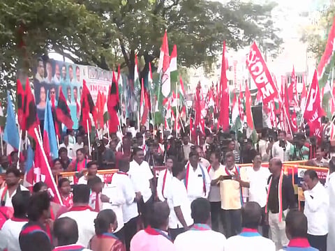 The “Protect Democracy” protest was organised by Congress MP B Manickam Tagore and the Tamil Nadu Congress Committee (TNCC), with representatives of all seven constituent parties taking part.