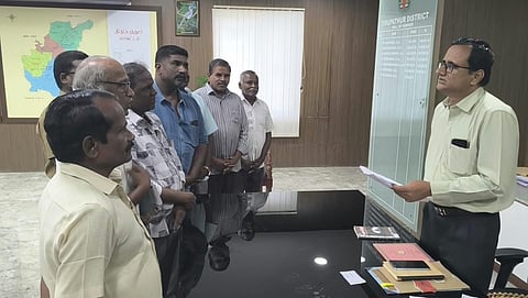 As many as 30 private bus workers, including conductors, drivers, and mechanics, meeting Tirupattur collector V Nallasivan on Wednesday 