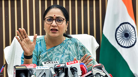 Delhi Chief Minister Rekha Gupta addresses a press conference at Mukhyamantri Jan Seva Sadan, in New Delhi