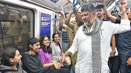File image: Chief Minister DK Shivakumar travels in Namma Metro as he leaves for his constituency Kanakapura, for the first time.