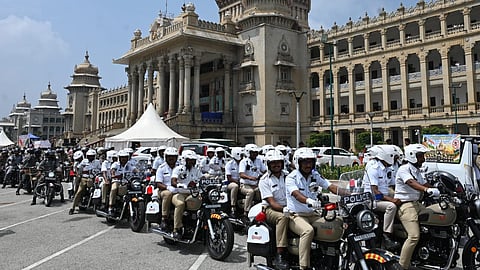 Home Minister, Priyank Kharge with DGP MA Saleem, Additional Chief Secretary Rjendra Kataria during the Unity Parade Motorcycle Rally Fight against Drugs at Vidhana Soudha, in Bengaluru on Thursday.