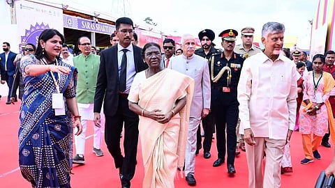 President Droupadi Murmu, CM N Chandrababu Naidu, Governor Abdul Nazeer and Union Ministers attend the inauguration of the National Saras Mela 2026 in Vijayawada on Thursday.